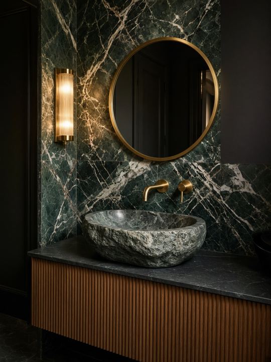Illustrative photo of a powder room with green marble, a stone vessel sink, and a brass mirror