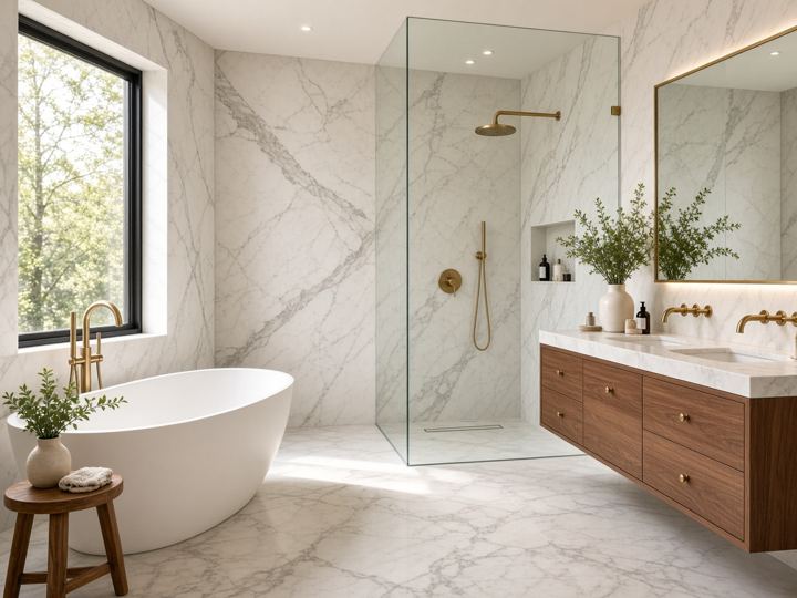 Illustrative photo of a marble bathroom with a freestanding tub and walnut vanity