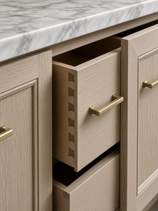 Illustrative photo of custom oak cabinetry with dovetail drawer joinery and brass pulls