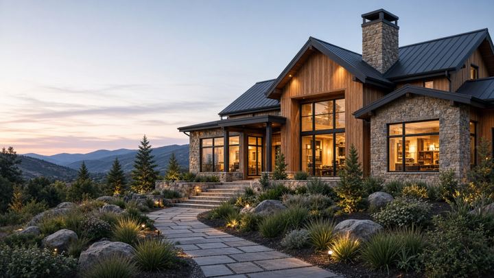 Illustrative photo of a new stone and wood home exterior at dusk