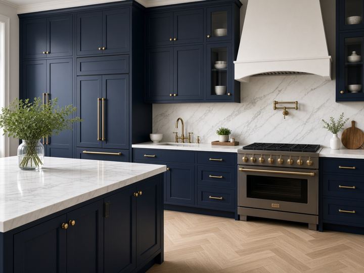 Illustrative photo of a kitchen with navy inset cabinetry and brass hardware