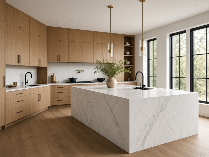 Illustrative photo of a white oak kitchen with a marble waterfall island
