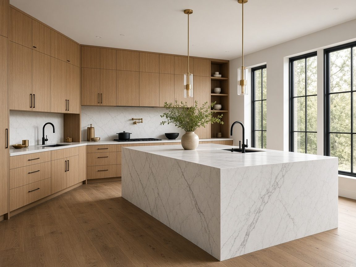 Illustrative photo of a remodeled kitchen with white oak cabinetry and a marble waterfall island