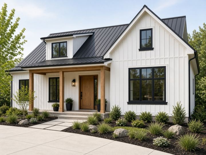 Illustrative photo of a white board-and-batten new home with a wood front porch
