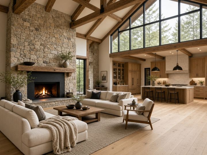 Illustrative photo of a new home great room with a stone fireplace and exposed beams